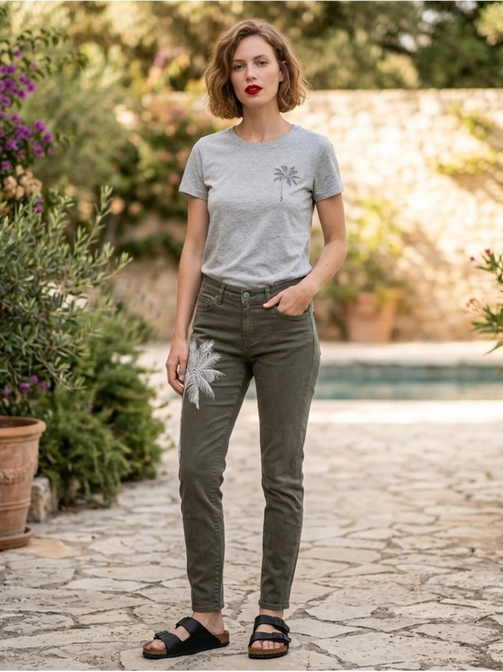 Sandrine  Rose Olive Green Straight Leg Jeans with Palm Tree embroidered Design